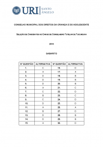 Gabarito da Prova do dia 05/08/2015